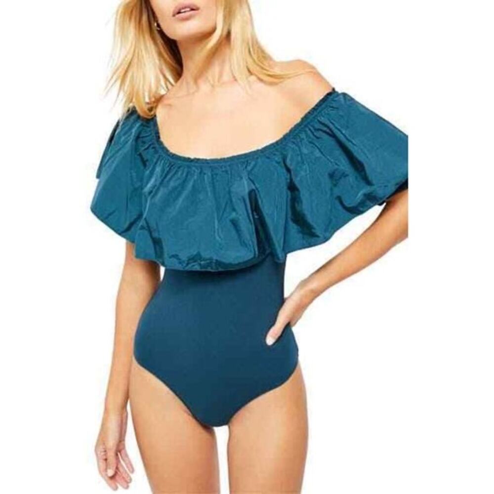 Intimately By Free People Teal Poof Goes My Heart Off-The-Shoulder Bodysuit